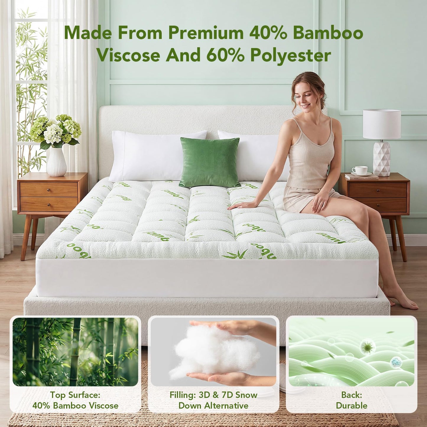 California King Size Mattress Topper Viscose Made from Bamboo, Extra Thick Quilted Pillow Top, Naturally Cooling & Breathable for Hot Sleepers, Back Pain Relief, Deep Pocket Skirt Fits 6-18", Green