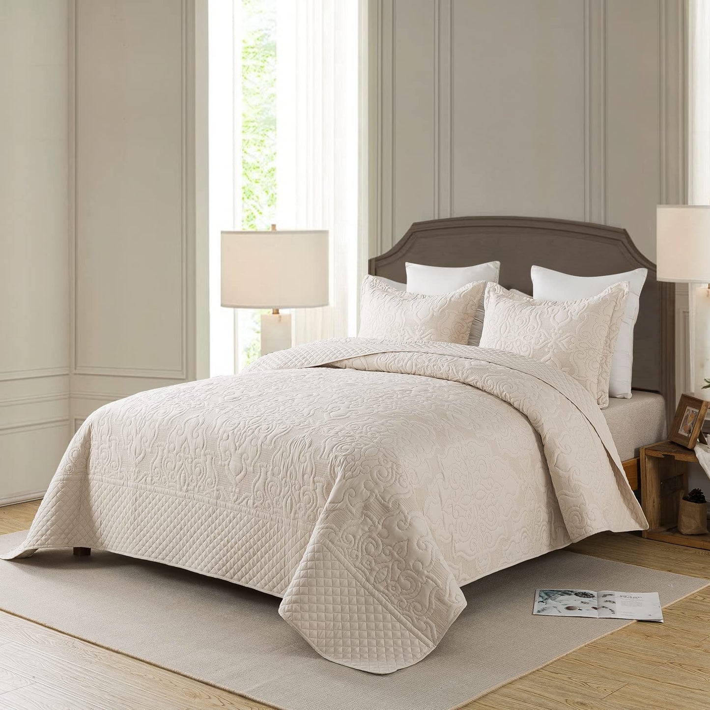 NEWLAKE Quilt Bedspread Set, Beige Jacquard Embossed Floral Pattern Reversible Embroidered Microfiber Coverlet Sets, Queen Size