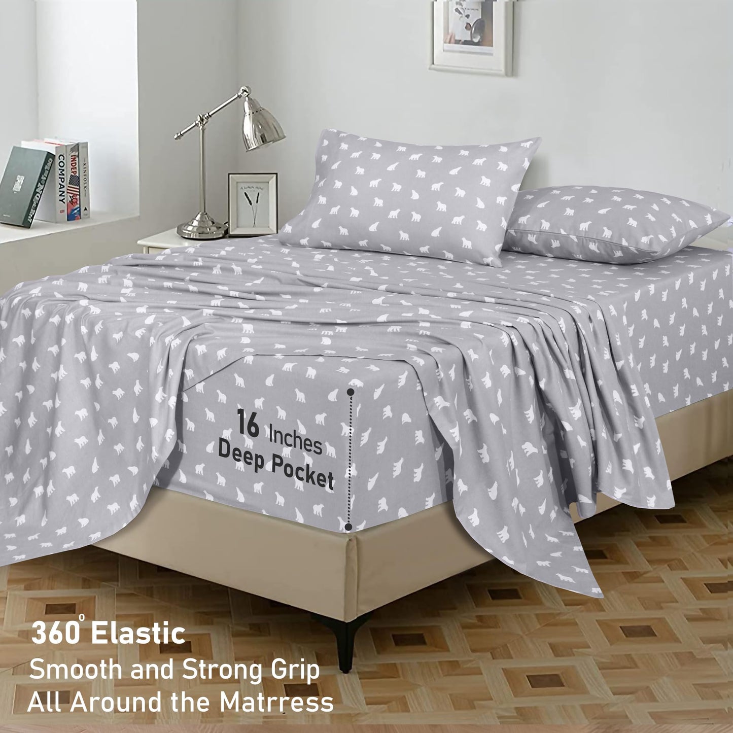 RUVANTI Flannel Sheets Queen Size - GOTS Certified 100% Organic Cotton, 4 Piece Warm, Soft & Breathable Set, Deep Pocket Snug Fit, Double Brushed Cozy All Season Bedding, Baby Bear