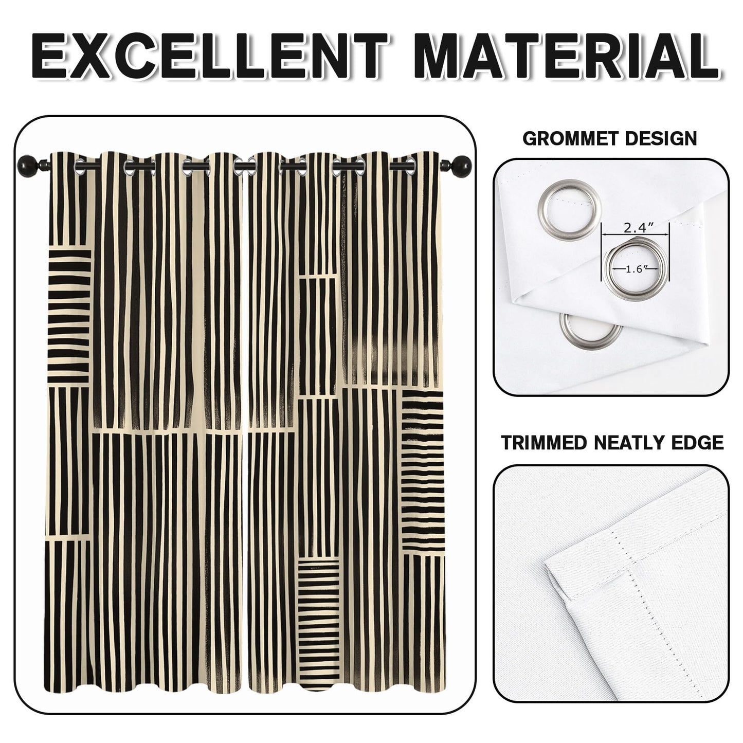 Fizzenobia Striped Curtains Blackout, Thermal Insulated Room Darkening Grommet Drapes for Bedroom & Living Room, Black and Beige Stripe Window Curtains & Home Decor, 54 Inch Drapes 2 Panel Set