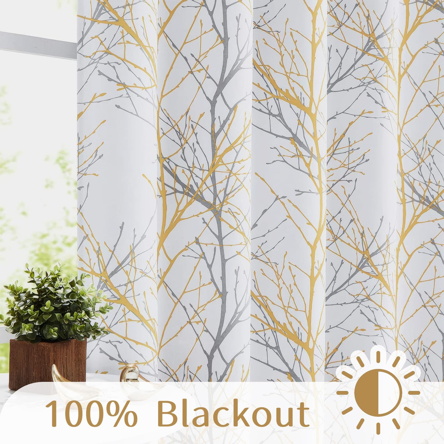 FMFUNCTEX 100% Blackout Yellow on White Tree Curtains for Bedroom, Curtains 84 Inches Long Branch Curtain Panels for Living Room, Room Darkening Thermal Insulated Window Drapes, Grommet Top 2 Panels