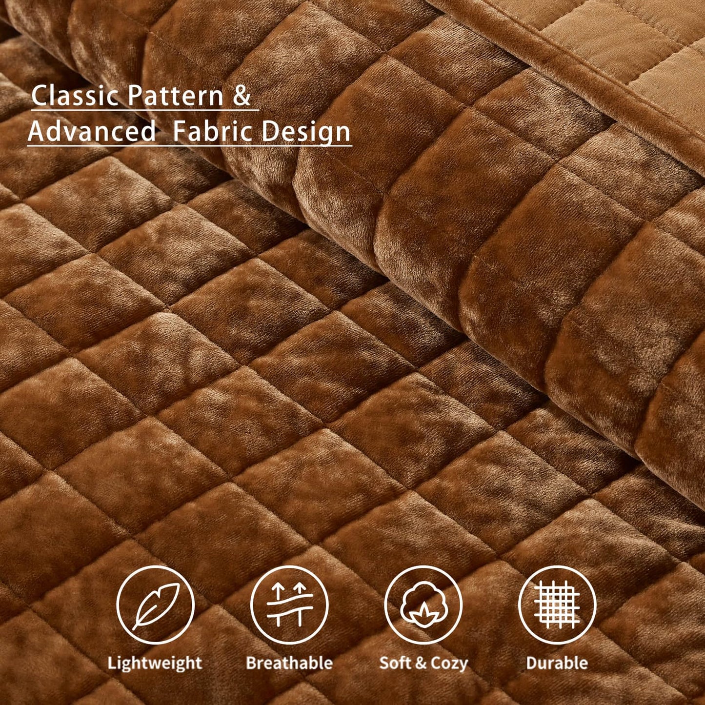 LEAONME Velvet Quilt California King-118''x106'', Lightweight Caramel Velvet Comforter Set with 2 Pillow Shams, Soft Oversized Bedspread Coverlet Quilted Bedding Set for All Season