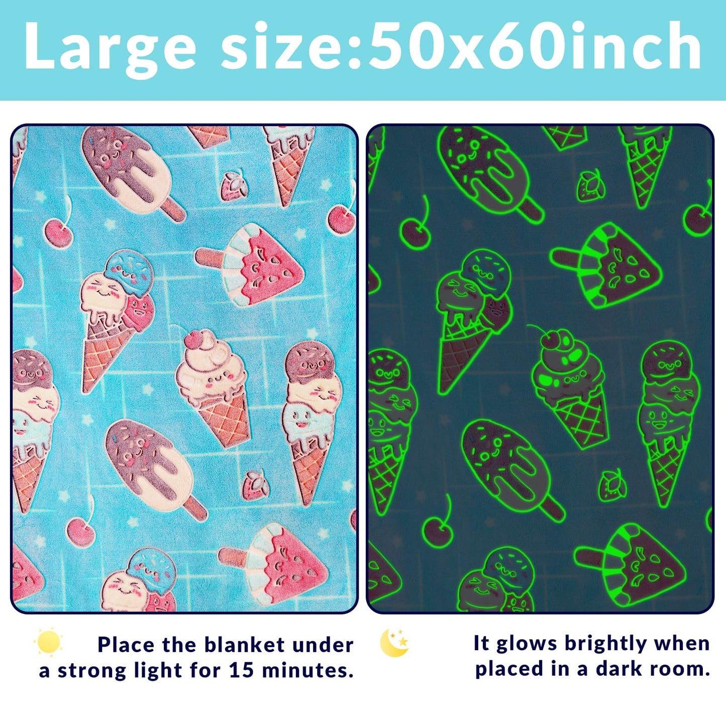 OHOIT Ice Cream Gifts for Girls, Glow in the Dark Blanket for Kids, Cute Summer Throw Blankets for Toddlers, Funny Birthday Gifts for Teens Girls, 50"x60"