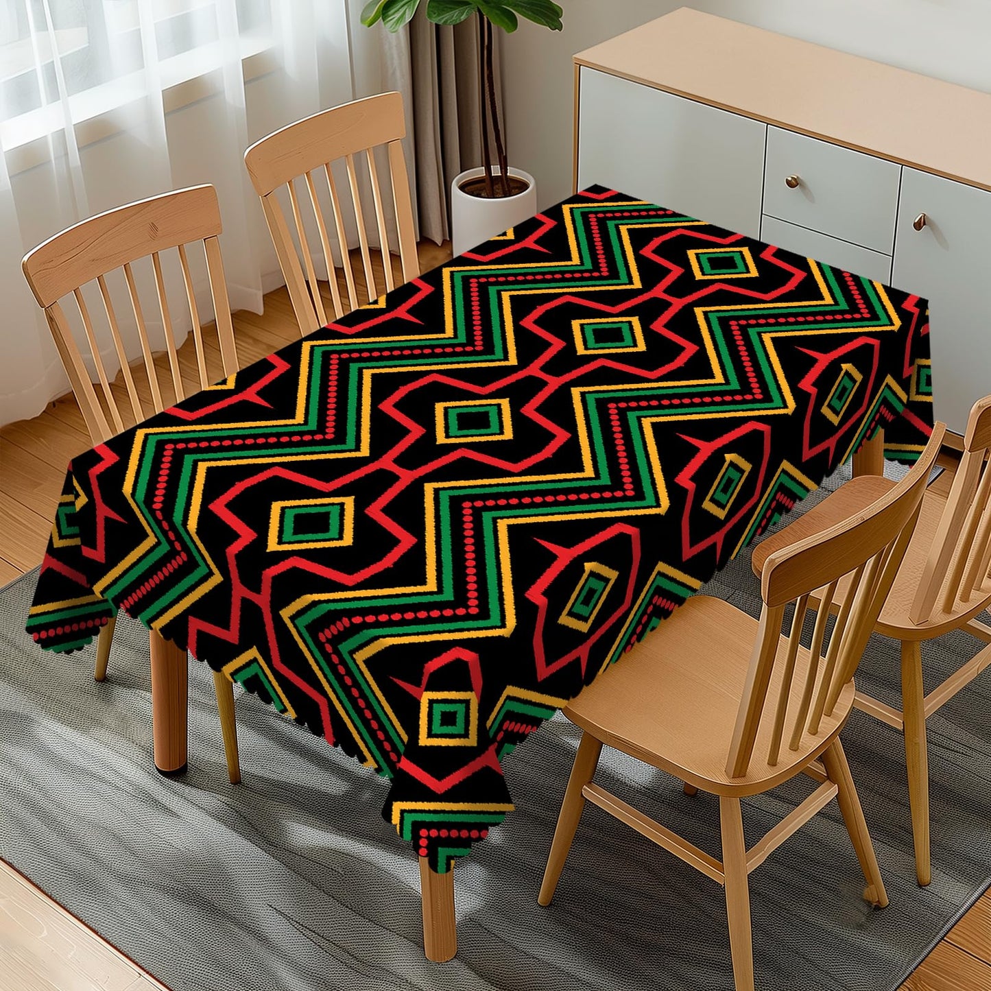 GOUROISE Ethnic African Ikat Print Rectangular Tablecloth, African Ethnic 54x72 Inch Wavy Lace Border Polyester Table Cloth for Dining, Kitchen, Parties