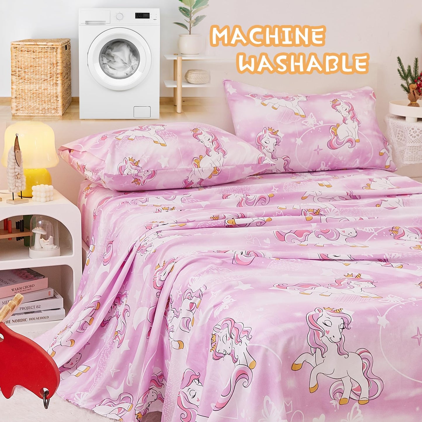 Yibeizi Unicorn Full Size Sheet Set for Girls, Kids Cute Princess Printed Bedsheet Microfiber Deep Pocket Bedding Sheets & Pillowcases 4 Pieces