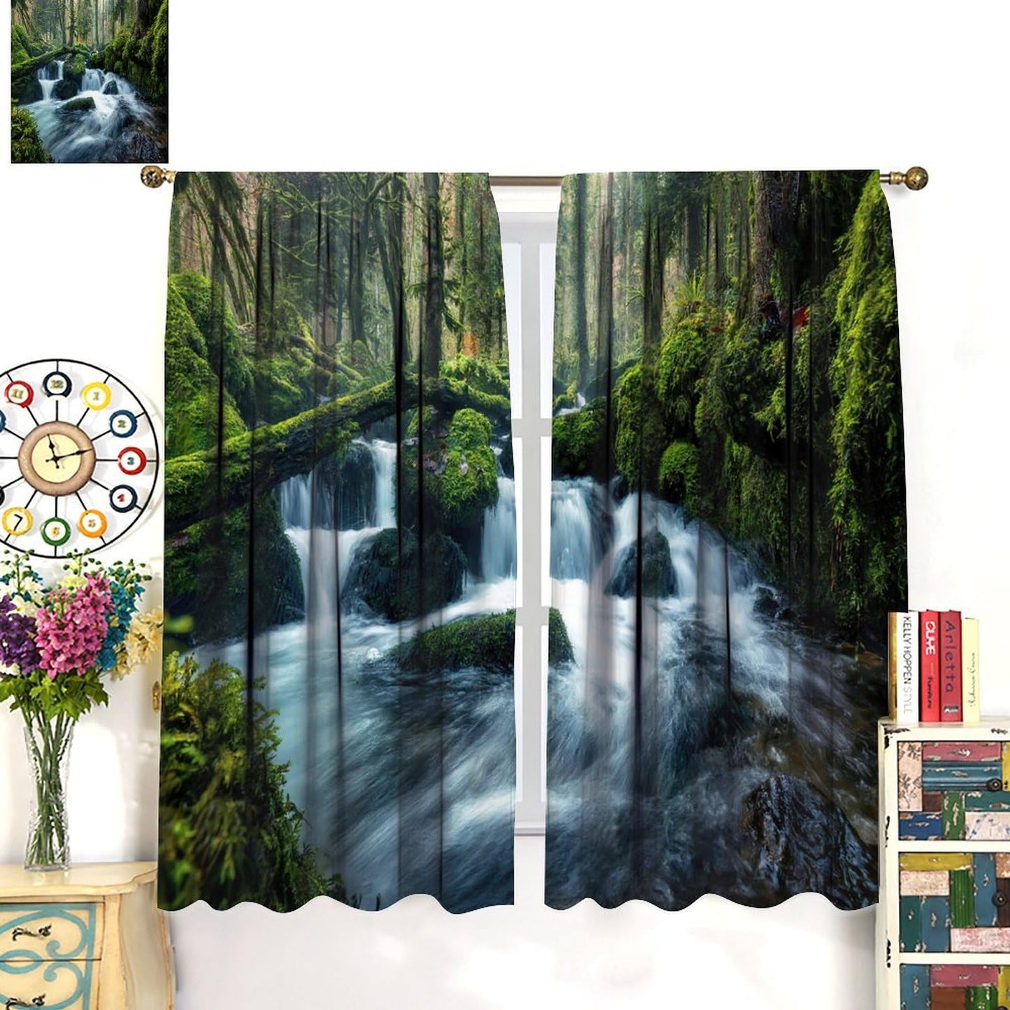 AuiMzoo Waterfall Landscape Blackout Curtains, Natural Green Trees Plants Waterfall Scenic Landscape Jungle, Bedroom Living Room Kitchen 21" W x 45" L