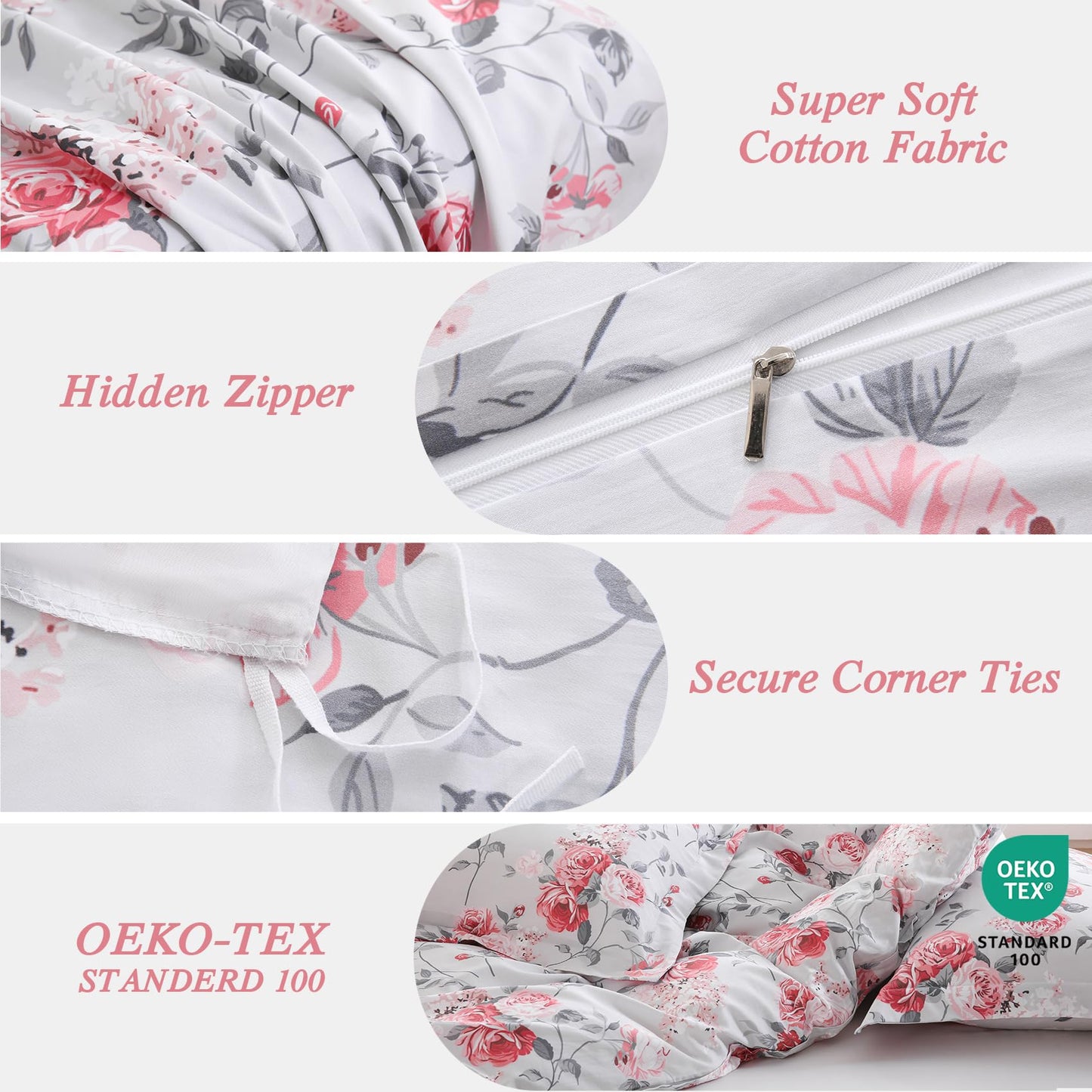 Ocharo Pink Floral Duvet Cover Set King Size 100% Cotton,Reversible Romantic Garden Rose Print Bedding Set for Girls Women,Soft 3 Pieces Cute Chic Style Comforter Cover with 2 Pillow Sham(20"x26")