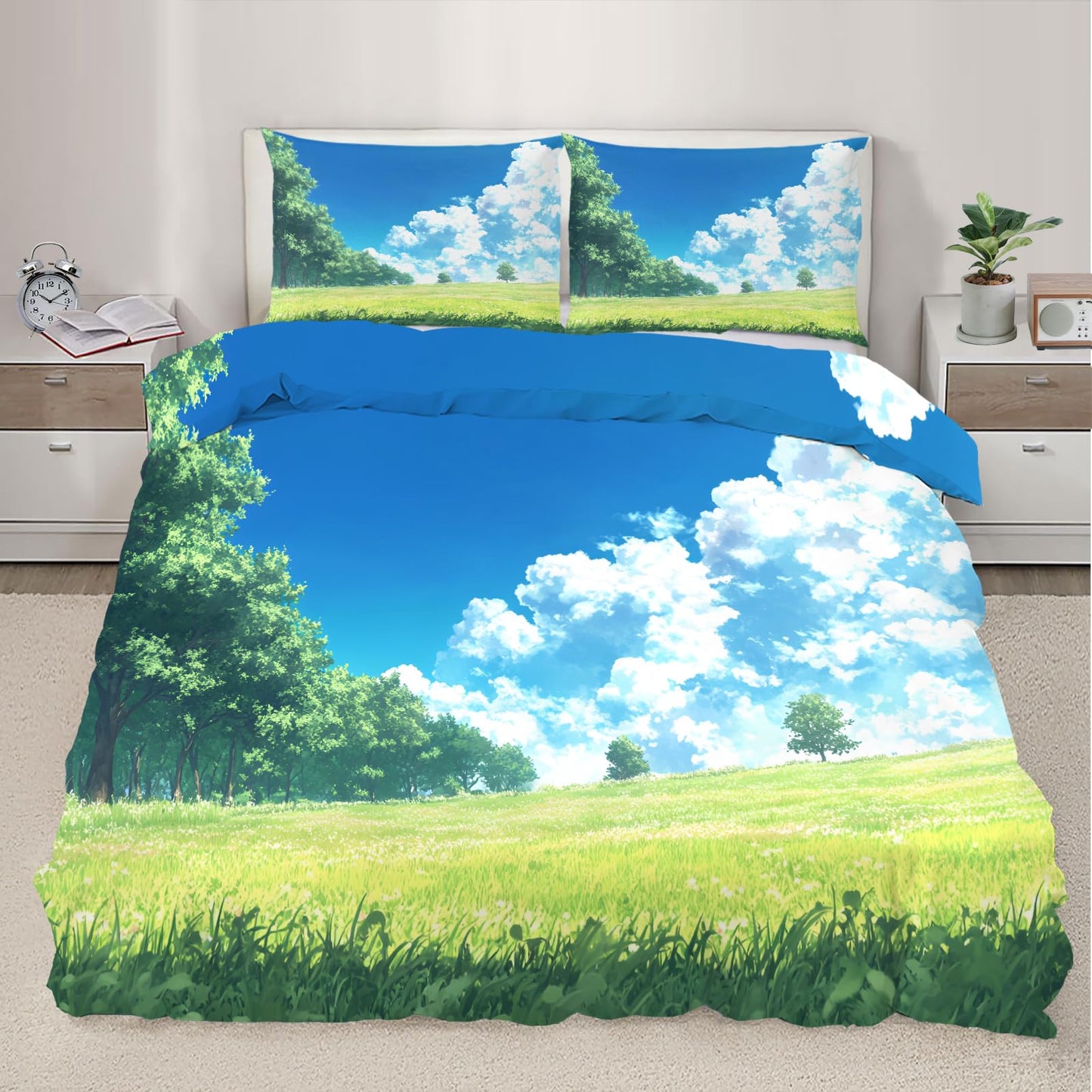 PAISUOQ Anime Duvet Cover Full, Spring Landscape Bedding, Cartoon Kids Comforter Cover with 2 Pillow Cases, 3 Pieces with Zipper & Ties, Bedroom Decor & Gifts