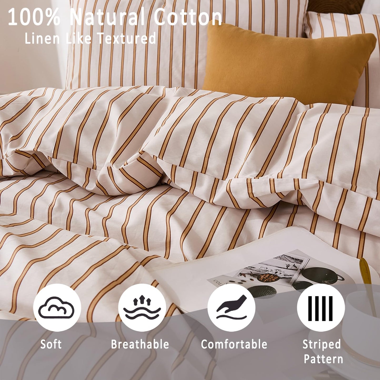 Merryword 100% Cotton Comforter Set King Size - Beige and Terracotta Striped Comforter with 2 Pillowcases, Luxury & Silky Soft Comforter Set for All Seasons
