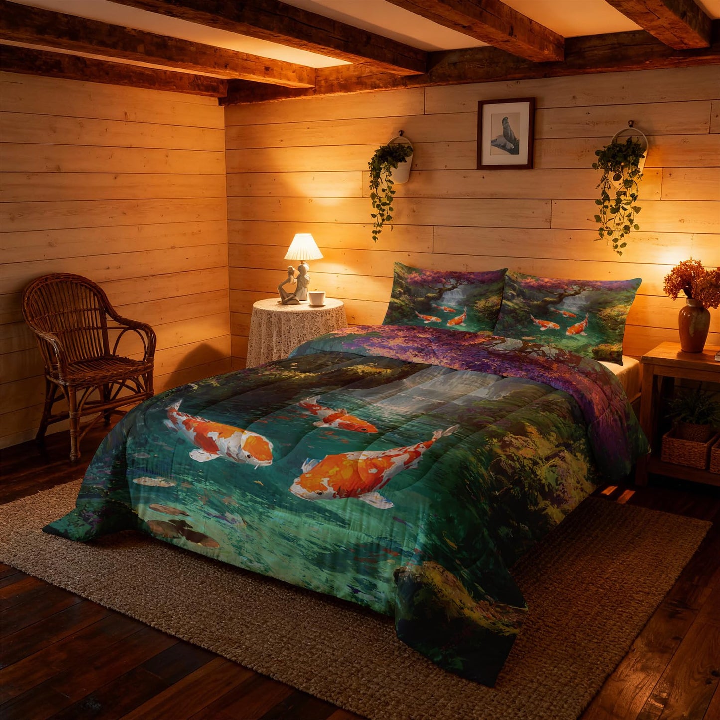TANCAPRIUM Koi Fish Comforter Set Twin - Japanese Asian Bedding Set & 2 Pilow Cases for All Season - Soft Reversible Down Alternative 3 Piece. Fishing Bedrom Decor