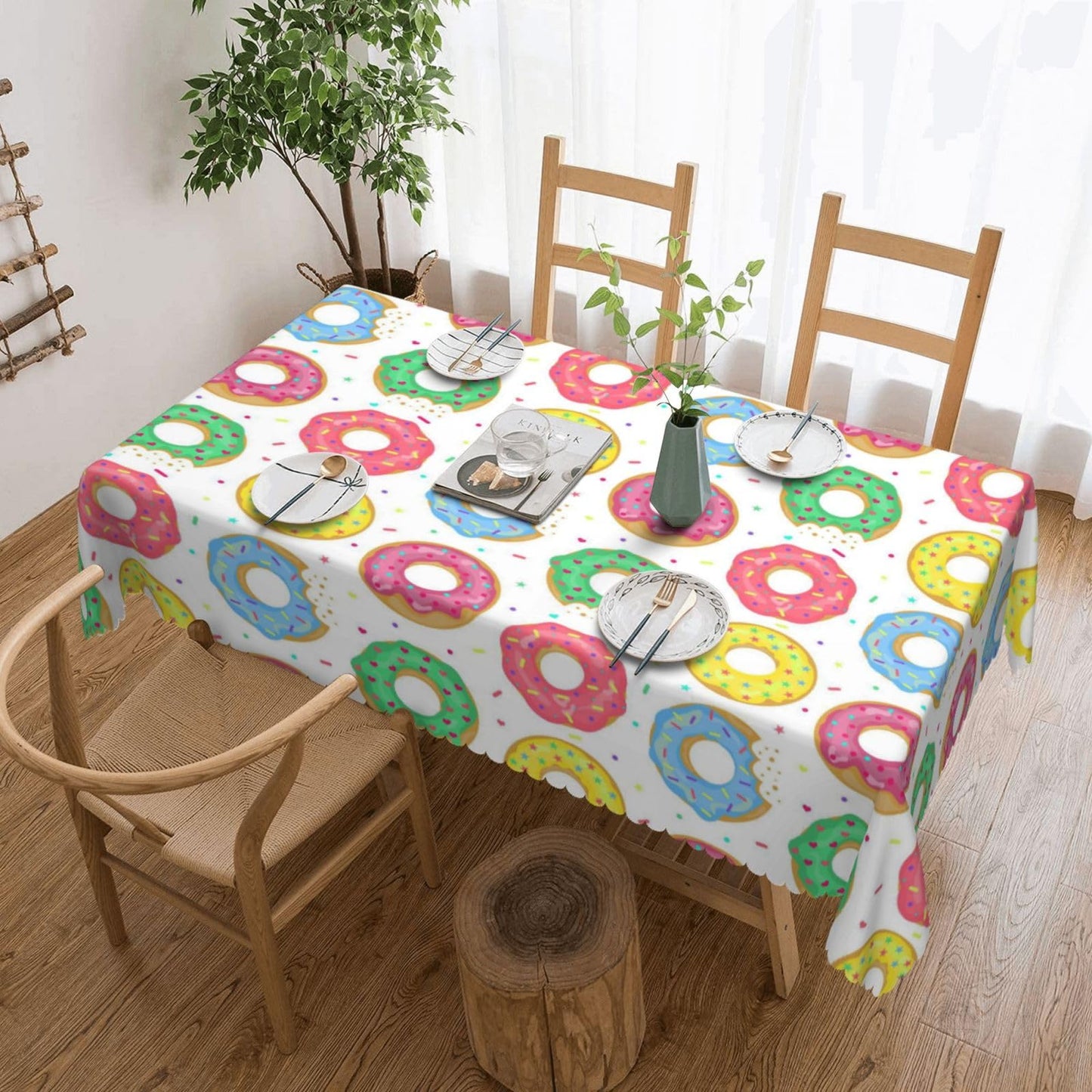 GOUROISE Pink Dount Rectangular Tablecloth, Sweet Food 54x72 Inch Wavy Lace Border Polyester Table Cloth for Dining, Kitchen, Parties