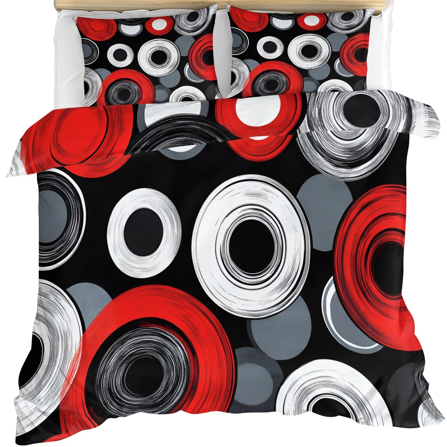 GKPLY Red Black Circles Duvet Cover Cal King, Modern Abstract Bedding Sets, Bold Geometric Comforter Set, Zipper & Ties, Retro Style Duvet Cover & 2 Pillow Cases, Reversible Print