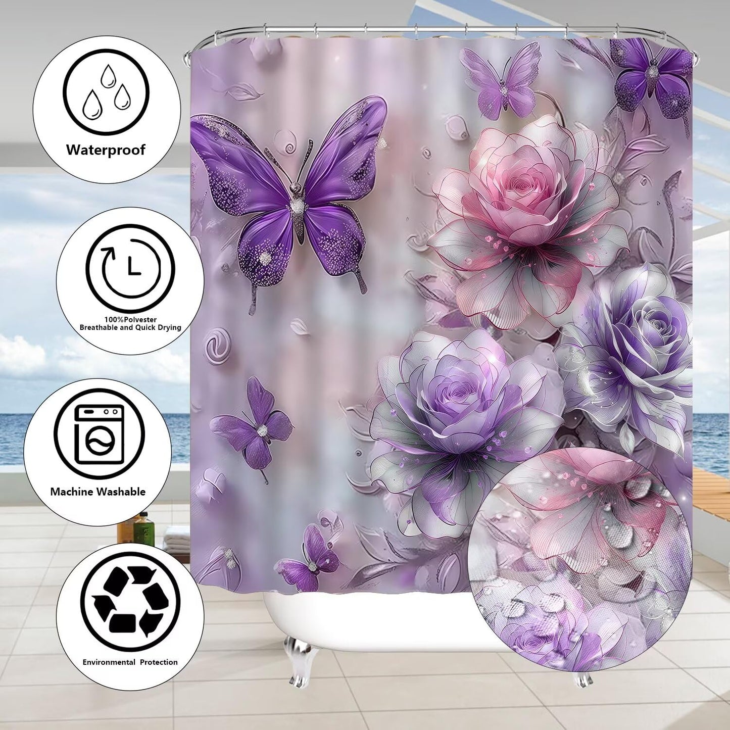 DDQQ 4Pcs Purple Glitter Floral Shower Curtain Set Bathroom Sets Butterfly Diamond Shower Curtain with 12 Hooks Bathroom Decor with Rugs Bath Accessories with Mats Toilet Lid Cover