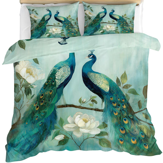 Peacock Comforter Cover 68" x 90", Teal Peacock Bedding Twin Size, Vintage Floral Birds Duvet Cover with 2 Pillowcases