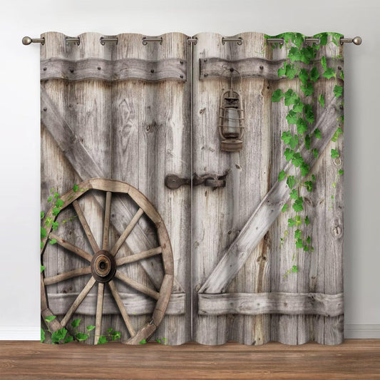 Jekeno Wood Barn Door Blackout Curtains, Rustic Farmhouse Wooden Decor, Vintage Cabin Primitive Rural Theme Grommet Window Drapes for Bedroom Living Room, 52 Wide 63 Long inches 2 Panels