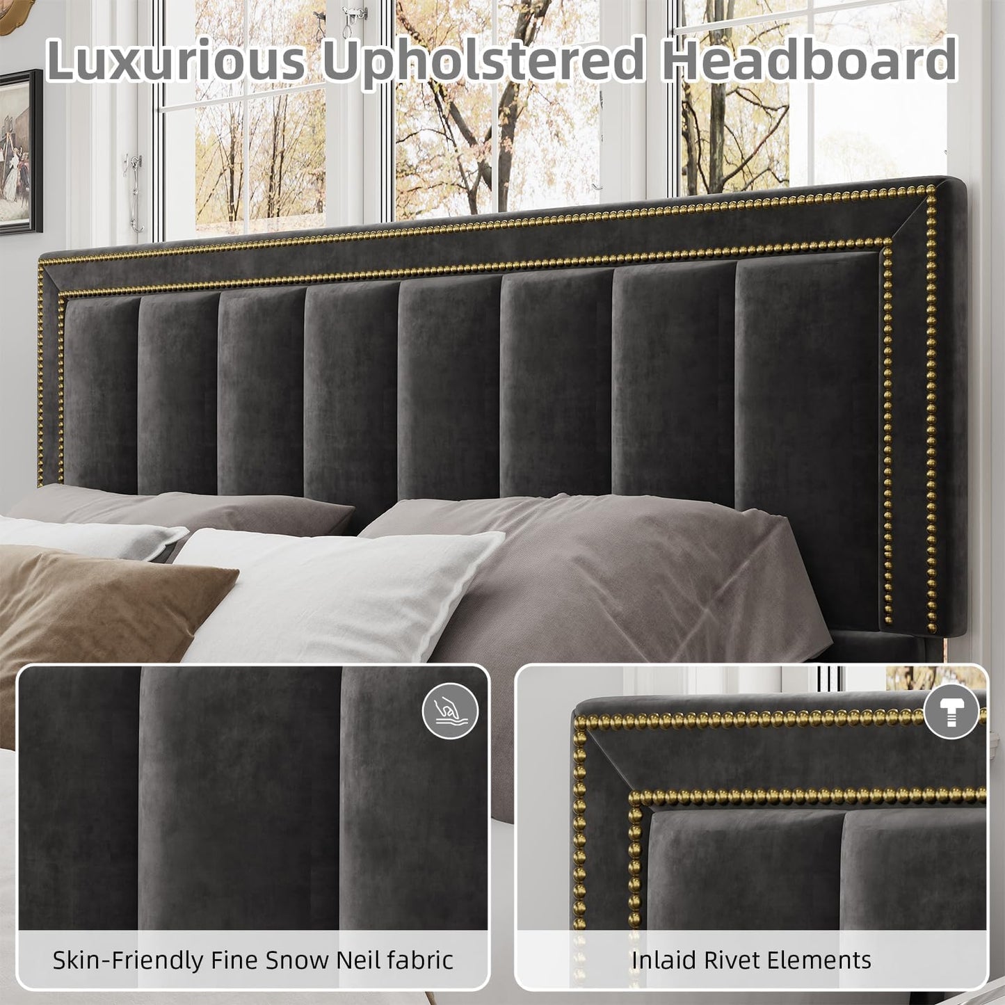 BarnFurin Full Size Bed Frame with 50" Tall Headboard and Footboard, Chenille Upholstered Platform Bed, Vertical Channel Tufting with Nailhead Trim, No Box Spring Needed, Easy Assembly, Black