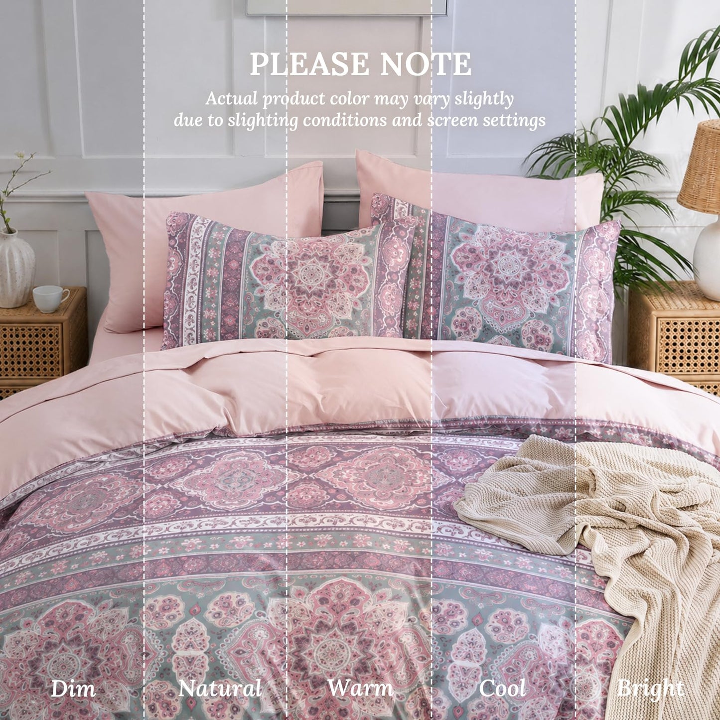 JOLLYVOGUE Queen Comforter Set 7-Piece, Bohemian Bed in a Bag, Sakura Pink