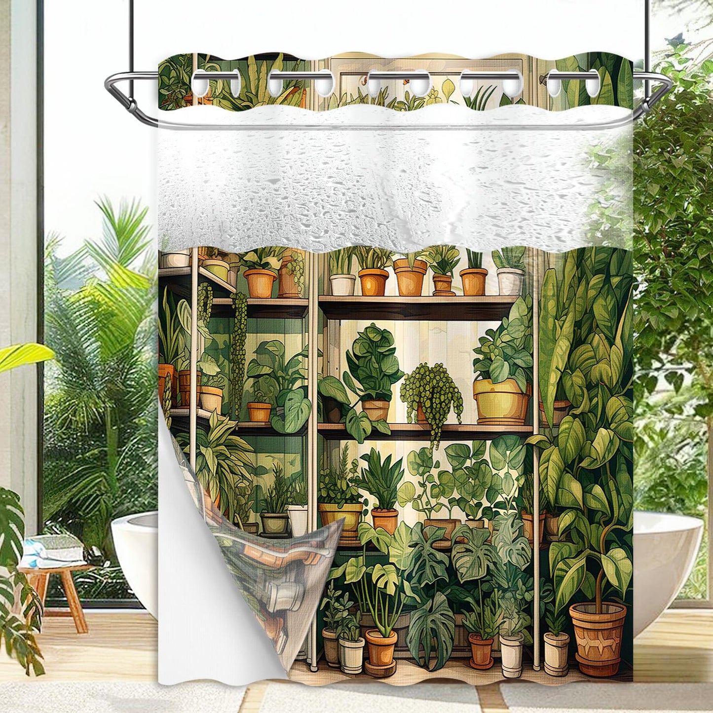 Plant Hookless Shower Curtain with Snap in Liner, 71" W X 74" L