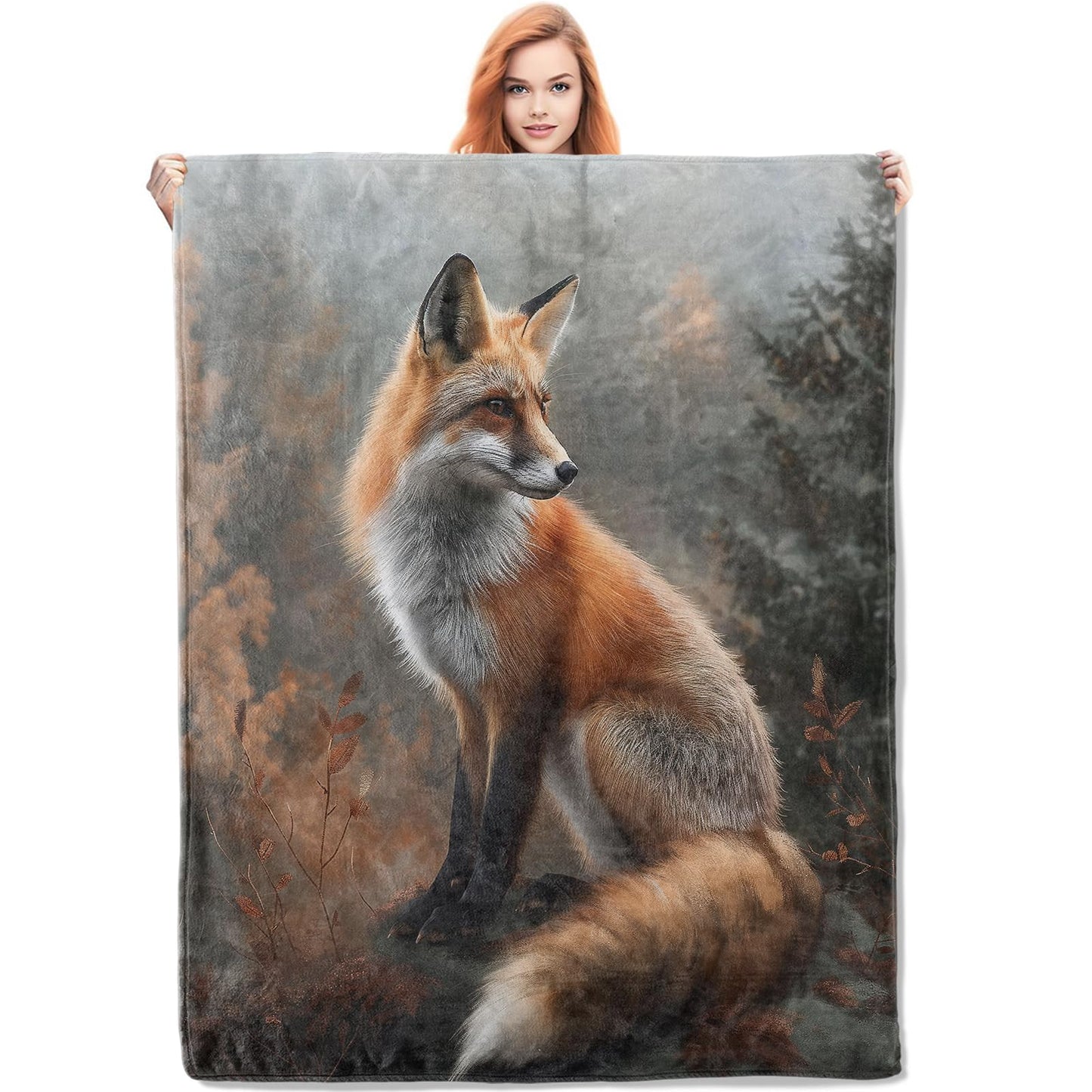 VANZEV Autumn Fox Blanket, 50"x60" Woodland Fox Flannel Fleece Throw for Kids & Adults, Ultra-Soft and Warm Home Decor Blanket, Fox Gifts