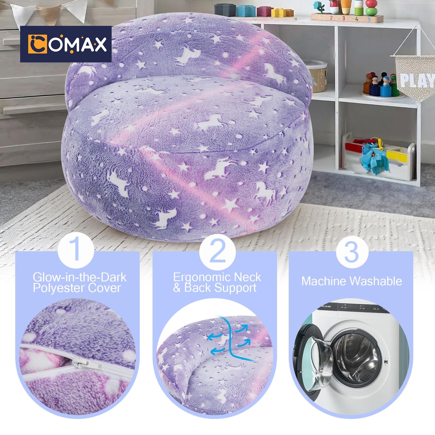 COMAX Bean Bag Chair for Kids, Dinosaur Convertible Toddler Beanbag Bed, Children Bean Chair Stuffed to Floor Mattress with Filler, Purple Unicorn