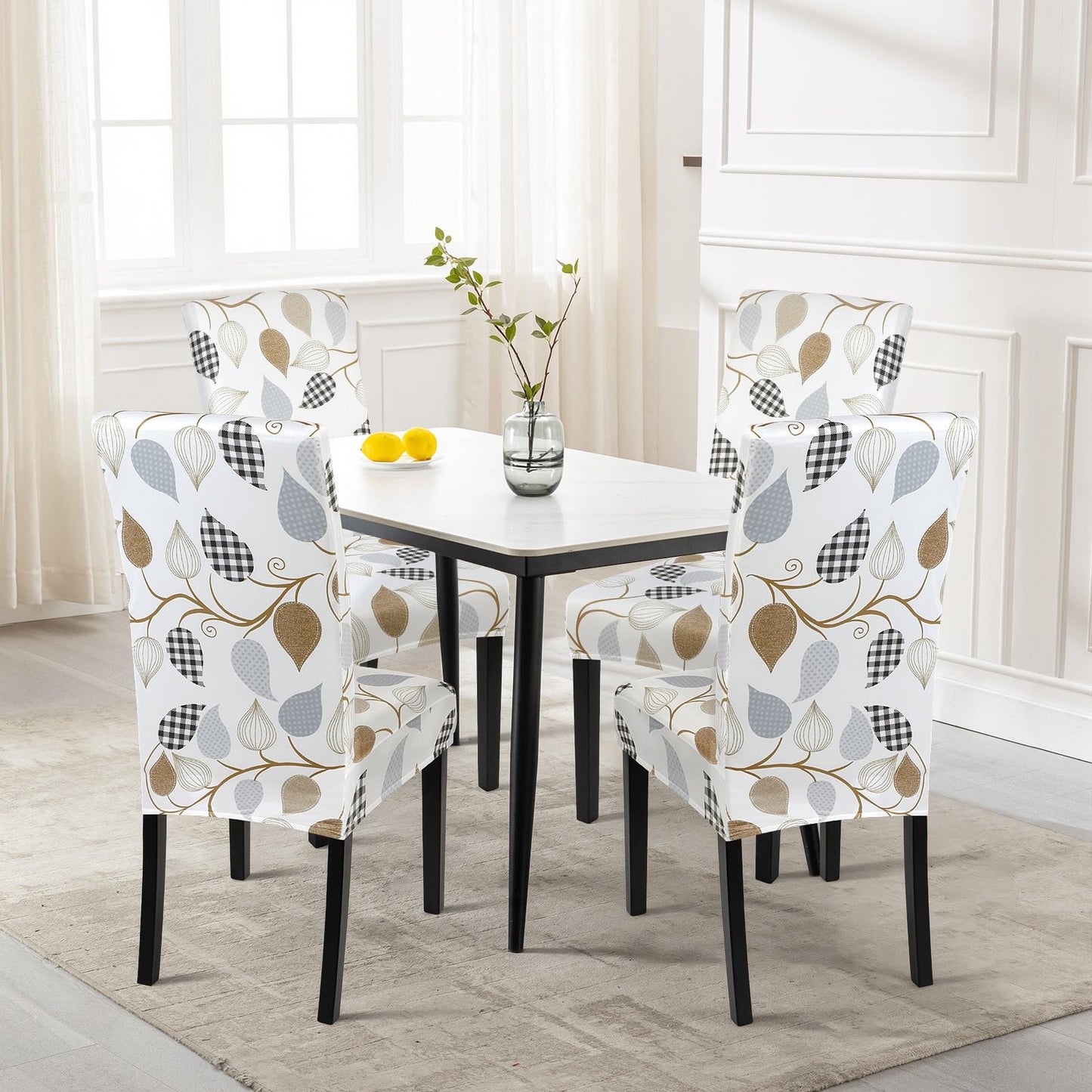 SearchI Dining Room Chair Covers Set of 4, Stretch Printed Floral Parsons Chair Slipcovers Removable Washable Kitchen Chair Protector Cover for Dining Room, Hotel, Ceremony (Checked Leaf Pattern)