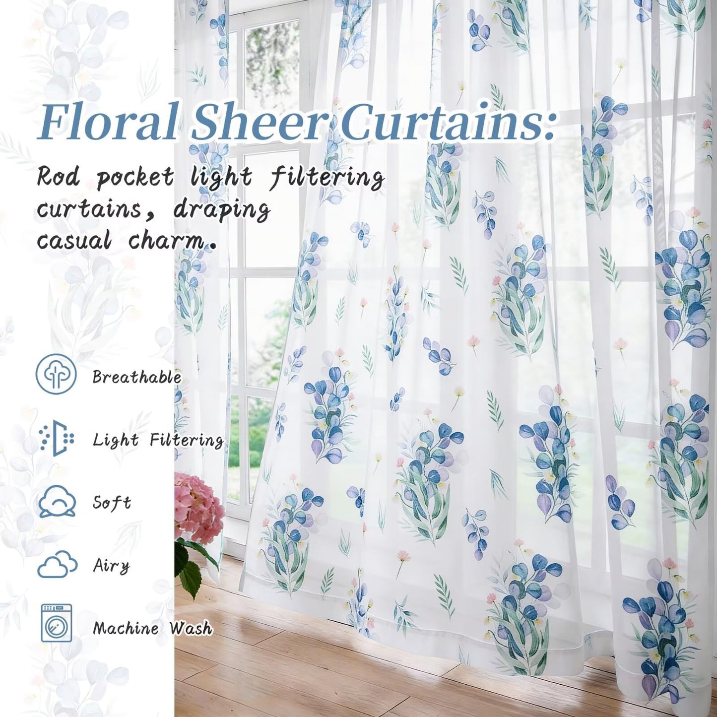 youleyar Floral Sheer Curtains for Living Room 84 Inches Long 2 Panels White Semi-Sheer Curtain with Blue Floral Printed Pattern Summer/Spring Rod Pocket Voile Drapes for Bedroom, 52" W x 84" L