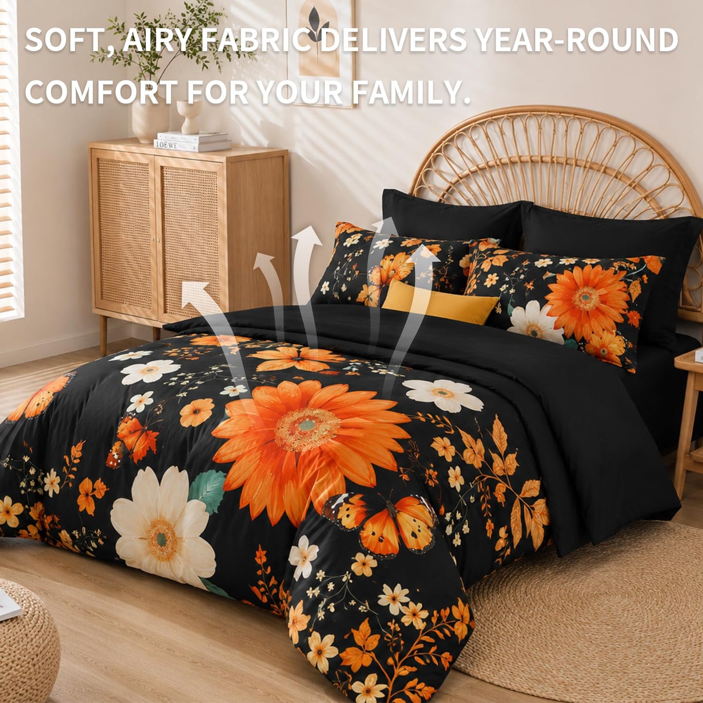 KOTTOMFY Extra Fluffy All Season Comforter Set, Floral 7 Piece Bed in a Bag Queen Size for Bedroom Guest Room Dorm Apartment