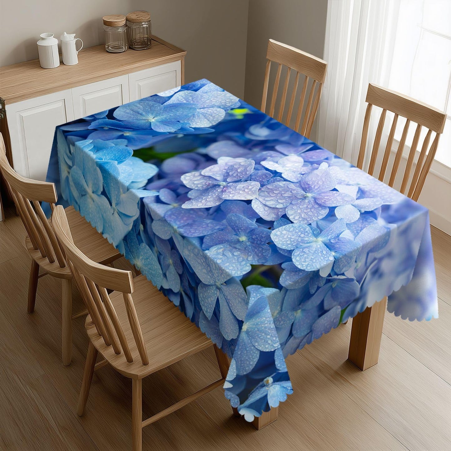 DRAVVIX Blue Hydrangea Flower Rectangular Tablecloth Floral Table Cloth with Wavy Lace Decoration Polyester Table Cover for Dining, Parties 54x72 inch