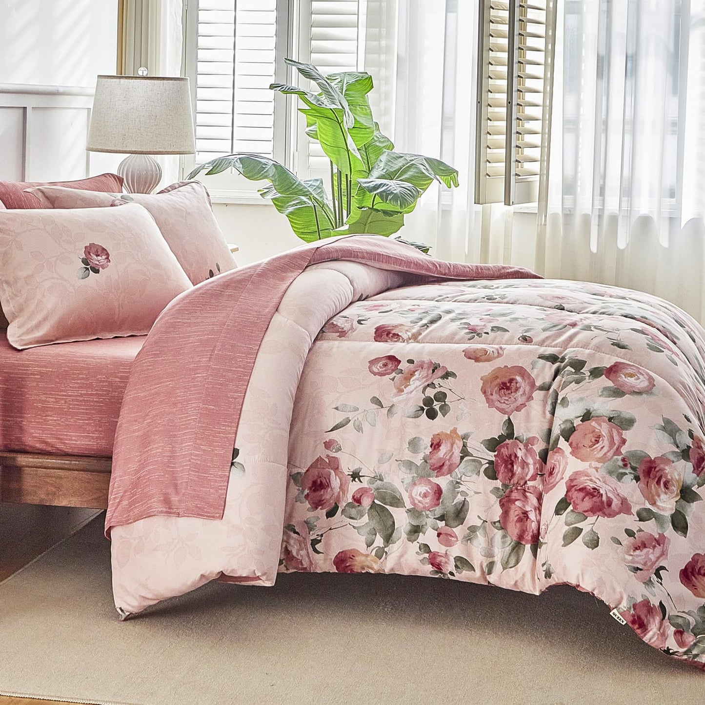 AIKASY Pink Queen Comforter Set with Sheets,Bed in a Bag 7-Pieces,Palm Tree Totem Printing Design,Ultra Soft Down Alternative All Season Bedding Set(Queen, Pink)