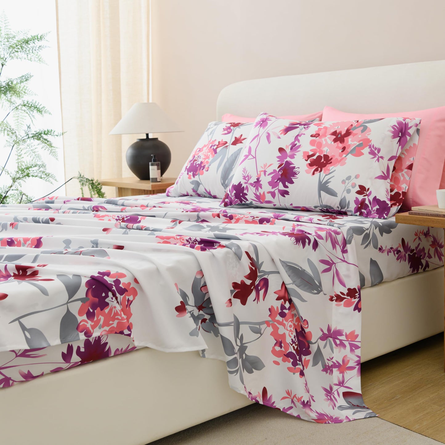 Spirit Linen home 6-Piece Twin Size Bed Sheet Set - Deep Pocket, Floral Print Pattern, Soft and Breathable Bed Sheets, Microfiber Material, Includes 1 Fitted, 1 Flat, 4 Pillowcases - Grey/Pink Floral