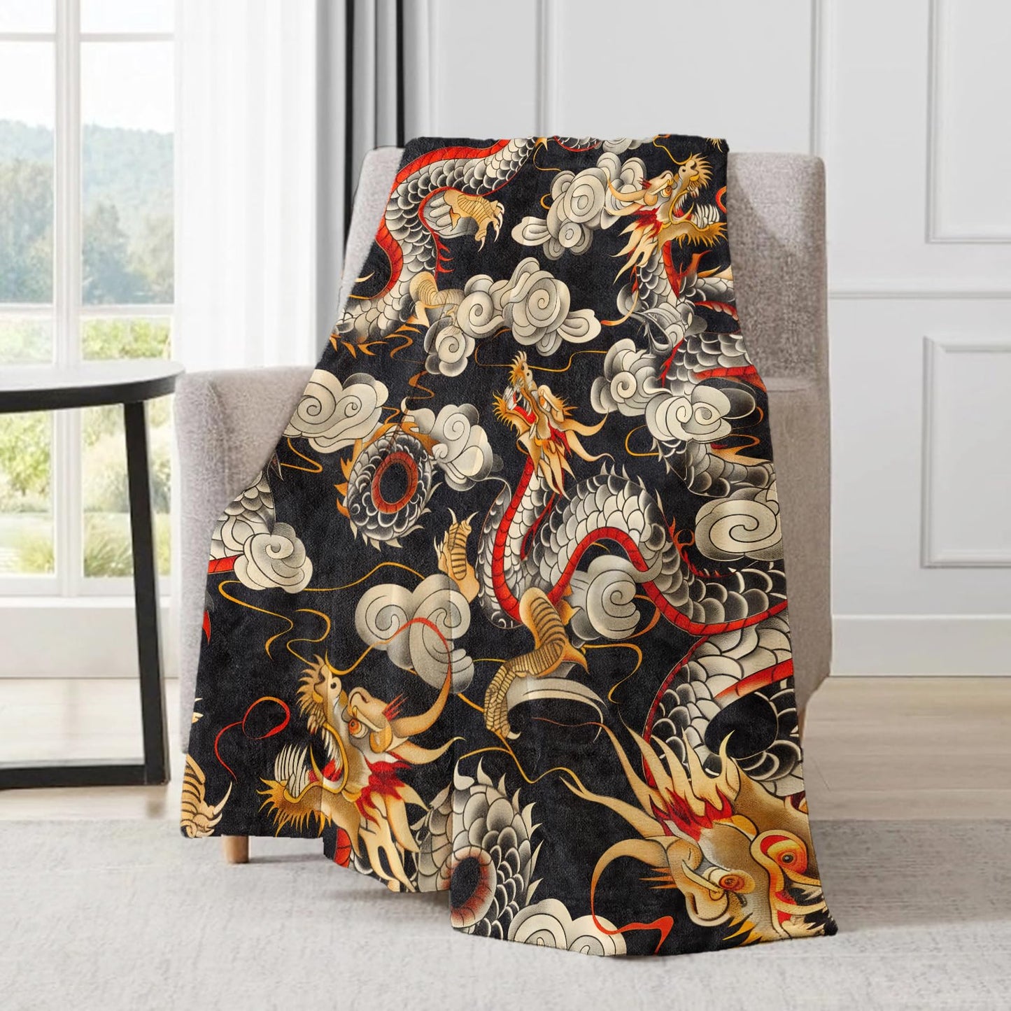 ainori Cool Dragon Blanket - Bold and Mystical Animal Cloud Motifs Fleece Throw,Gifts for Women Men, Soft & Warm,Lightweight, for Couch Bedroom Living Room Asian-Inspired Decor 50x60in