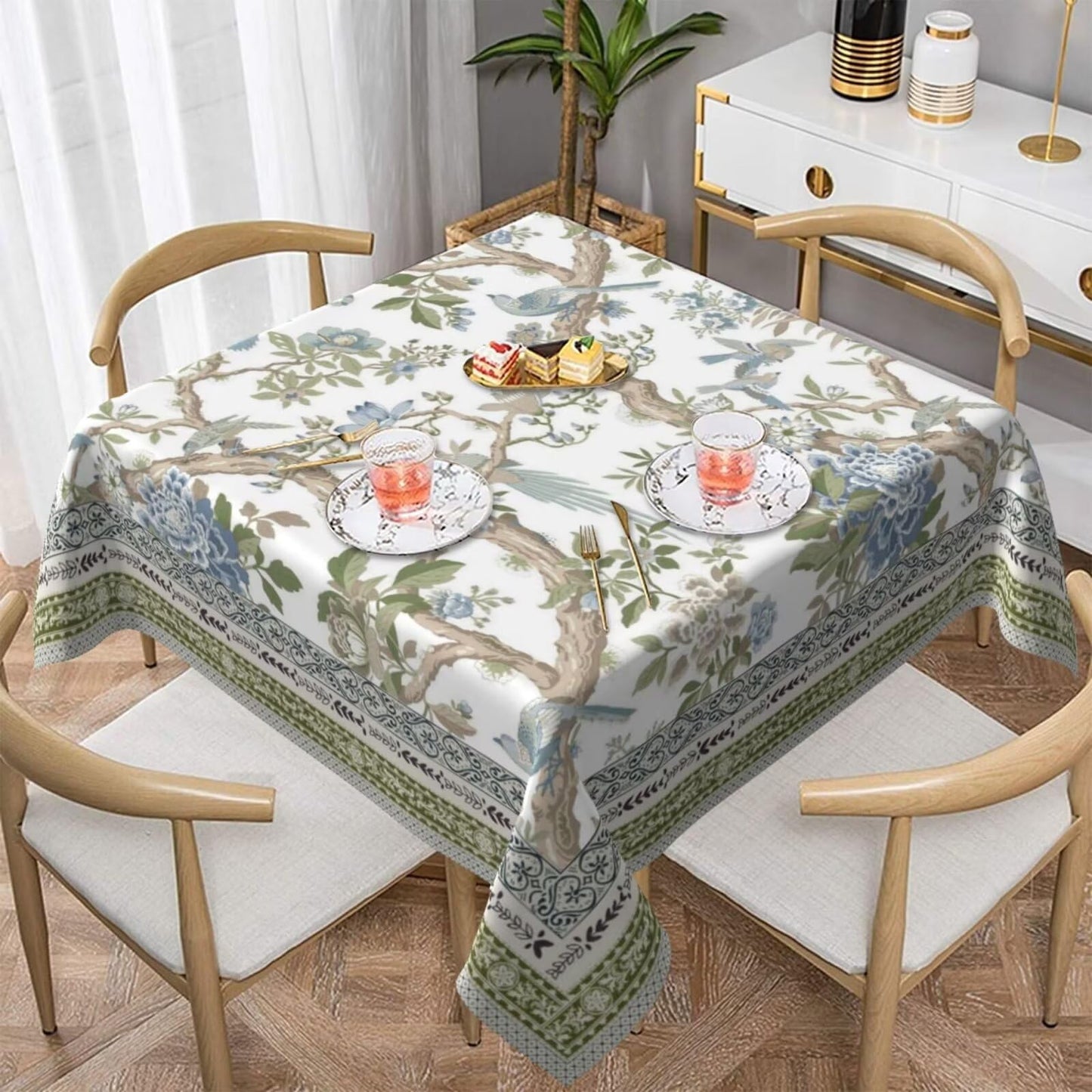 Jecuwo Spring Chinoiserie Floral Square Tablecloth 54 Inch Bird Tree Flower Pattern Table Cover Sage Green Blue Branch Washable Decoration Tablecloth Indoor and Outdoor Dining Table Home Party Decor