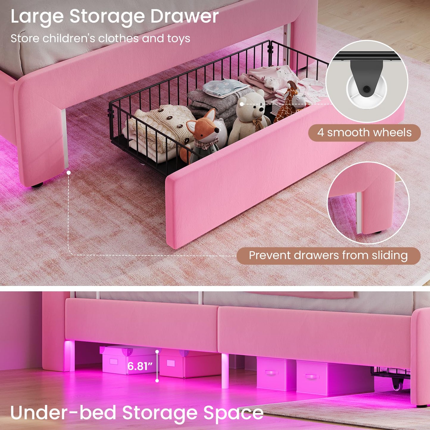 DICTAC Twin Size Princess Bed Frame with Storage Drawer and Safety Guardrails, LED Velvet Upholstered Platform Bed for Girls with Wavy Storage Headboard,Charging Station,Heavy Duty Metal Support, Pink