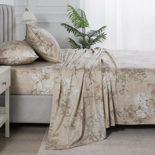 Puralens Vintage Floral Dark Beige Toile Sheets, Queen Size 100% Cotton Percale Patterned Farmhouse Bed Sheets, Luxury Soft Brown Flower Cottage Deep Pocket Sheet Set, French Country Bedding, 4Pcs