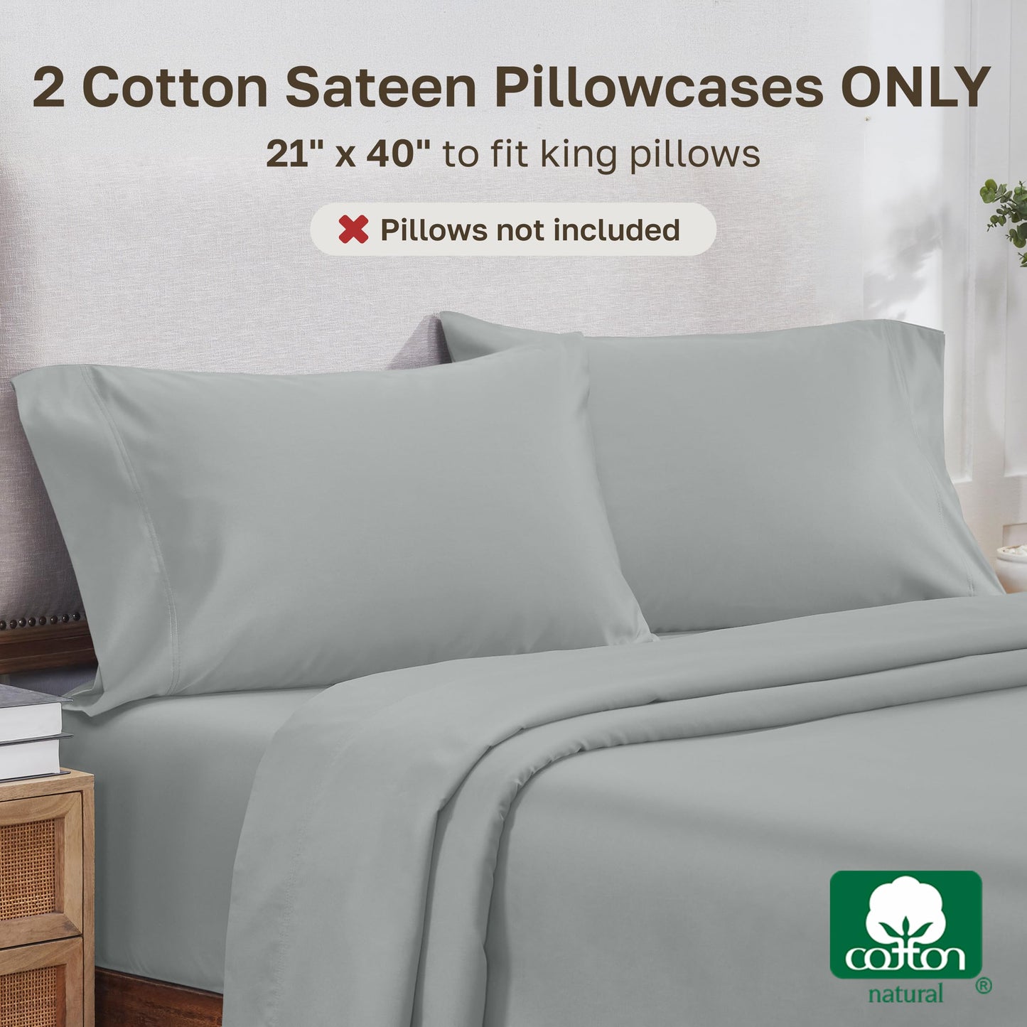 Heirloom Soft, Smooth & Thick Certified 800 Thread Count 100% Cotton Sateen, 2 Pillow Cases King Size, Fits King Pillows (Light Grey)