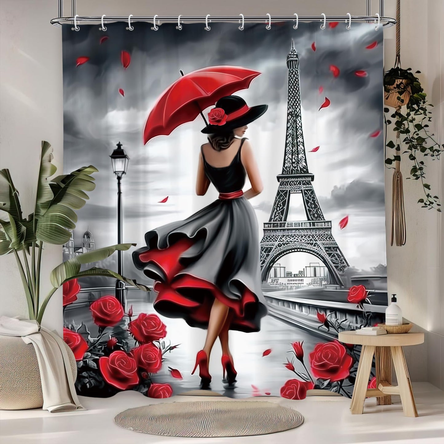 Glioown Black Red Paris Eiffel Tower Shower Curtain 60Wx71L, Elegant Lady Romantic Shower Curtains for Bathroom, Rose Scenery Shower Curtain Set 12 Pack Hooks