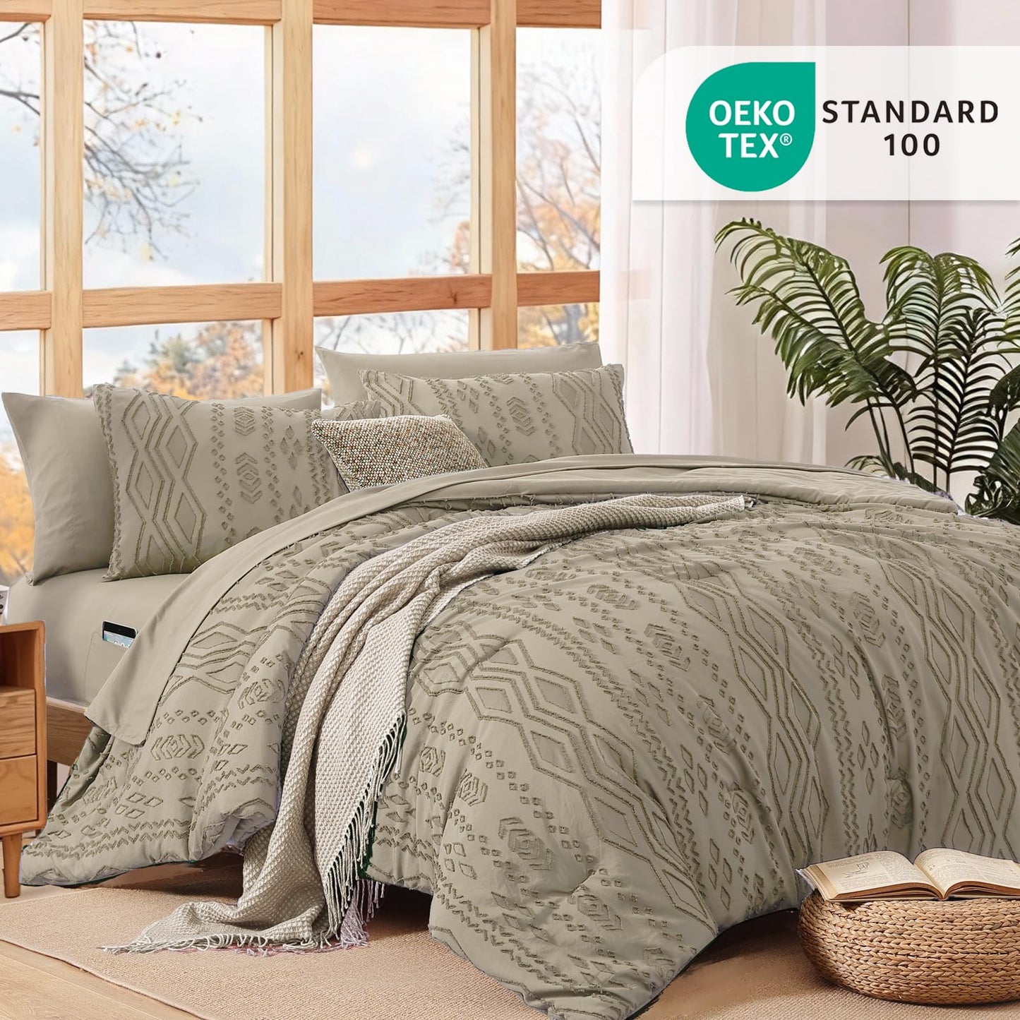WRENSONGE Queen Comforter Set with Sheets - 7 Pieces Khaki Tufted Bed in a Bag Queen Shabby Chic Bedding Sets with 1 Comforter, 2 Sheets, 2 Pillowcases & 2 Shams