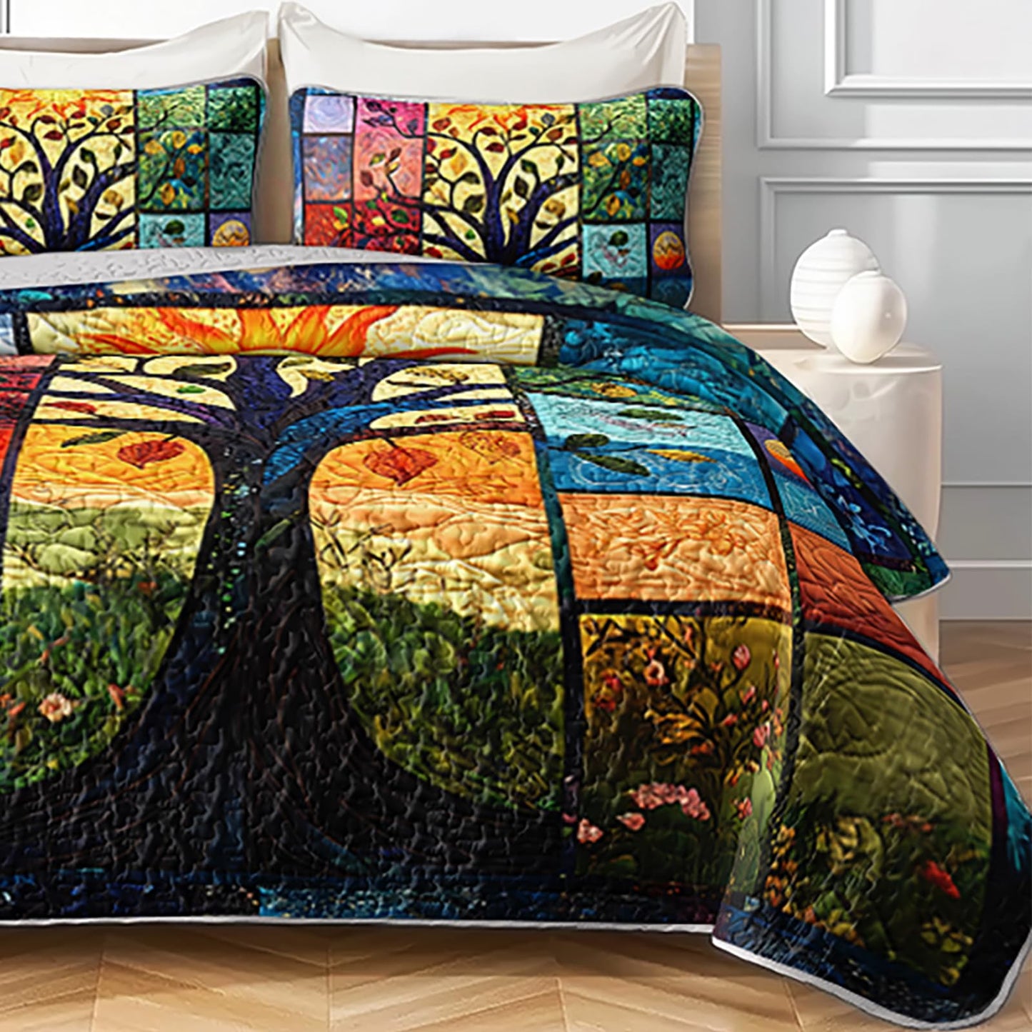 AILONEN Tree of Life Quillt Set King Size, Sun Moon Boho Bedspread Coverlet,Soft Microfiber Quilt,2 Pillowcases,3-Piece Colorful Natural Botanical Print Bedding