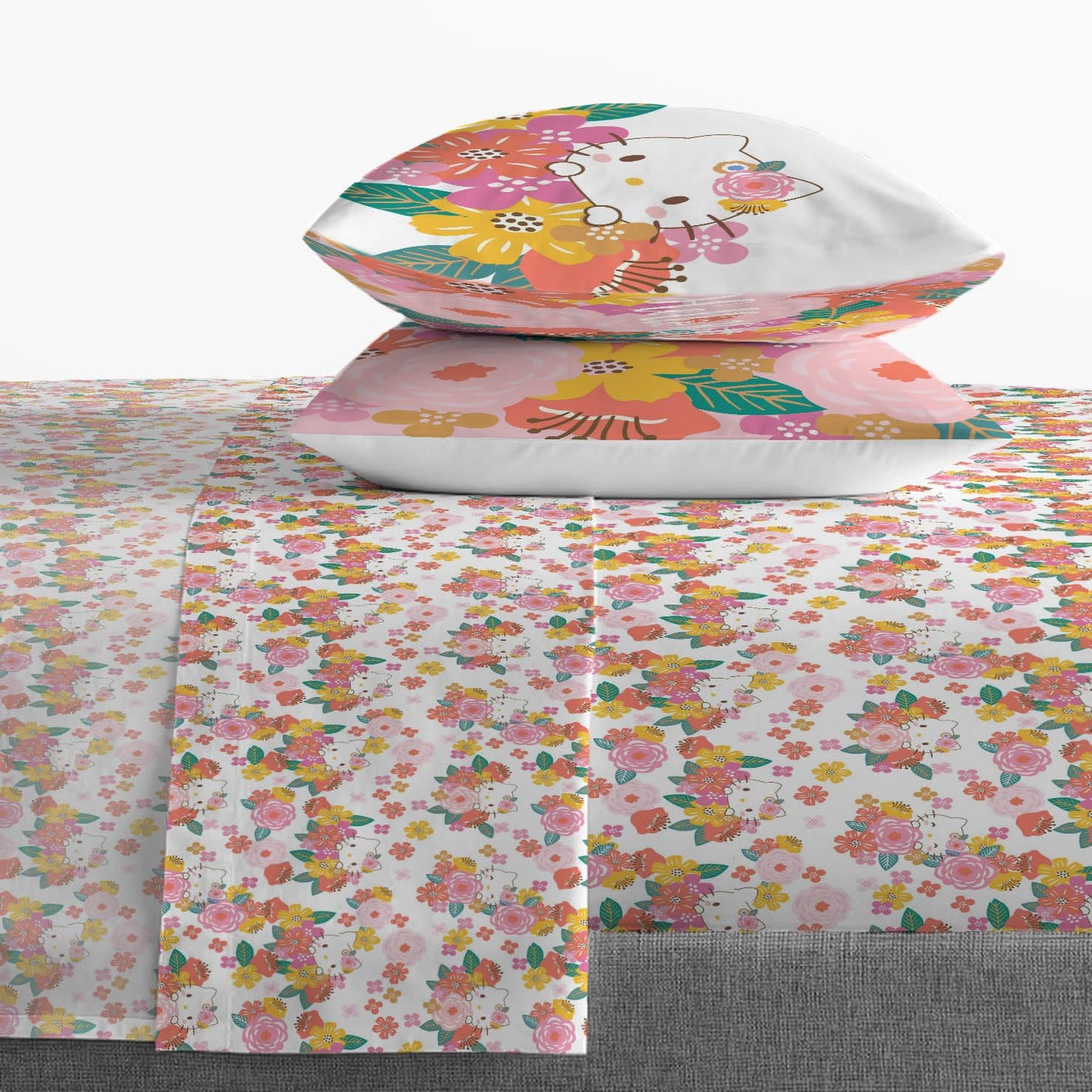 Jay Franco Sheet Set with Fitted, Flat Sheets & Pillow Cover - Ultra-Soft Bedding with Pillowcase for Room Decor, Multi - Hello Kitty, 4 Piece Queen