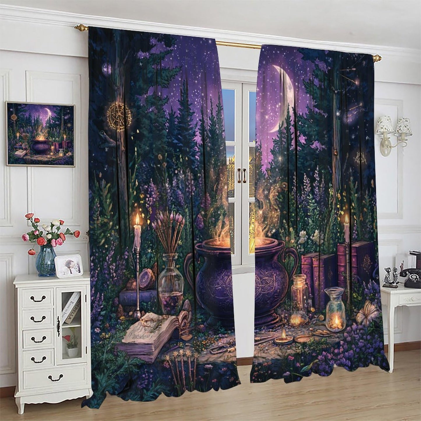 DIPQIMI Fantasy Flower Forest Blackout Curtains for Bedroom/Living Room, Magic Potion Moon Curtains Rod Pocket Thermal Insulated Window Drapes, 42W x 84L, 2 Panels