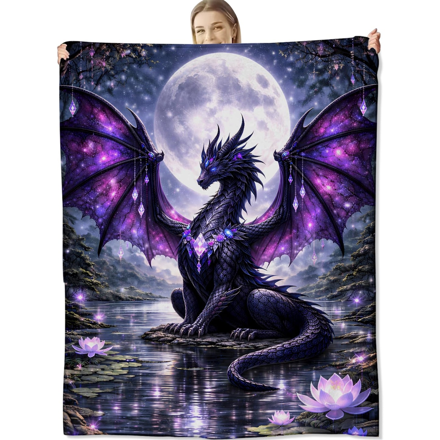 cromcu Moon Dragon Flannel Throw Blanket, 50x60in, Soft Warm Cozy Blankets with Majestic Creatures and Lotus Lake, Fantasy Gifts for Girls Dragon Lovers, Home Decor Dorm Office Travel Camping