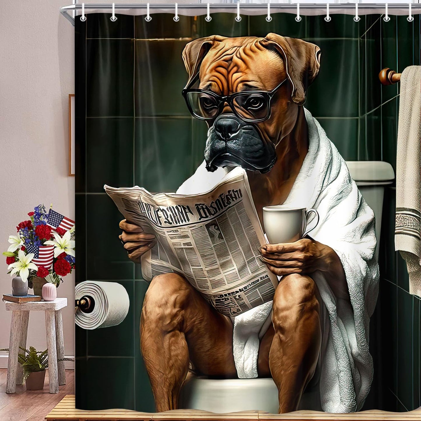 JAWO Funny Dog Bathroom Curtain, Cute Dogs Reading Newspaper on Toilet, Washable Cloth Kids Shower Curtain Set with 12 Hooks, 72X72