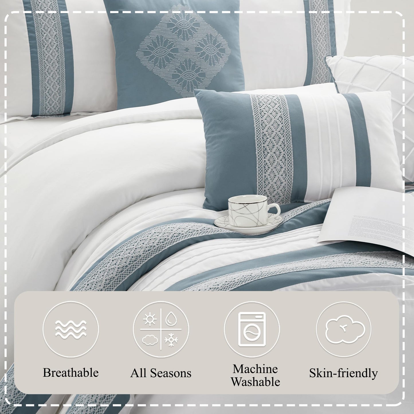 Stratford Park 7 Piece Striped Blue Comforter Set, Queen Size Microfiber Bedding, All Season Polyester Bedding Set, Matching Bed Skirt, Pillows & Shams