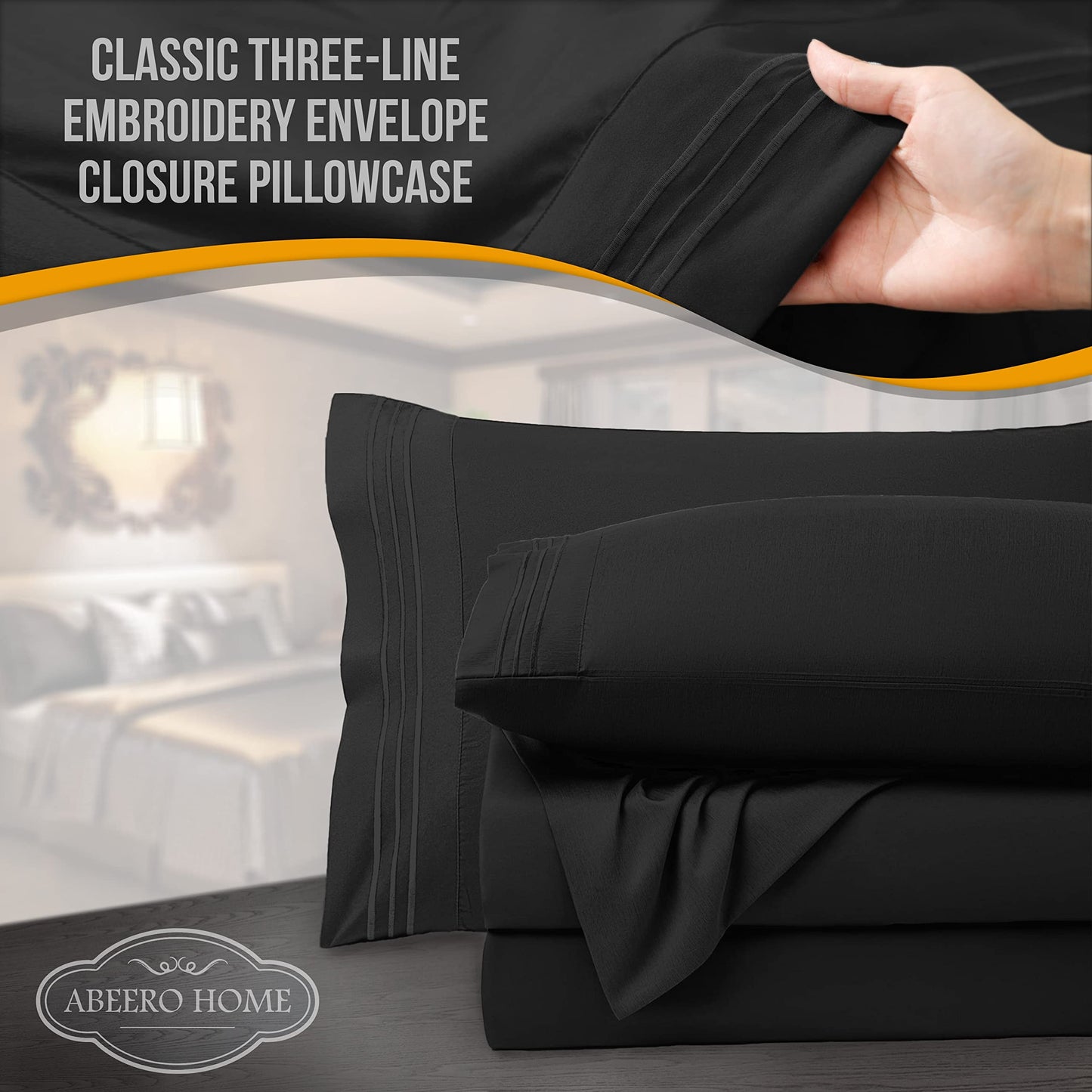 Abeero Home Full Size Bed Sheets Cooling - Luxury Hotel Sheet Set - Soft Sheets with Elastic Corner Straps - Deep Pocket Microfiber Bedsheets - Bedding Sheet & Pillowcases - 4 PC (Full Size, Black)