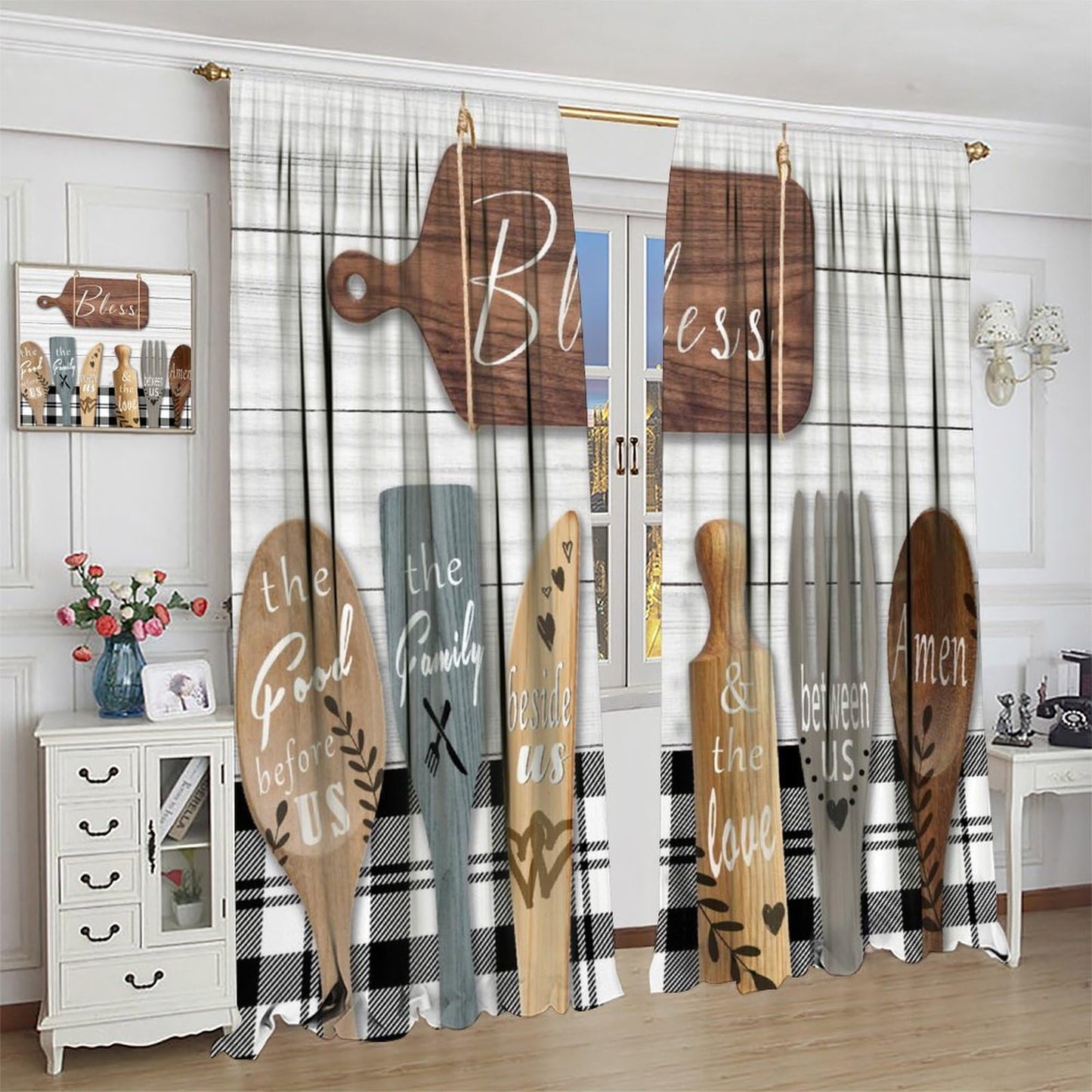 ShiTingYu Rustic Kitchen Curtains Farmhouse Vintage Country Wooden Plank Black White Window Treatments for Bedroom Living Room Kitchen Drapes 2 Panels 42x45 Inch