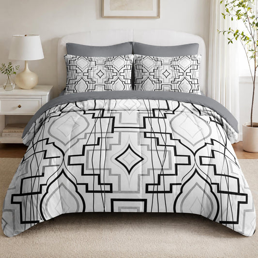 Boewywh Comforter Set Twin Size Geometric Modern Aztec 7 Pcs, Bedding for Kids and Adults, Minimalist Black Bed Sheet Sets with Fitted Sheet 2 Pillowcases & 2 Shams for Bedroom Bed Decor