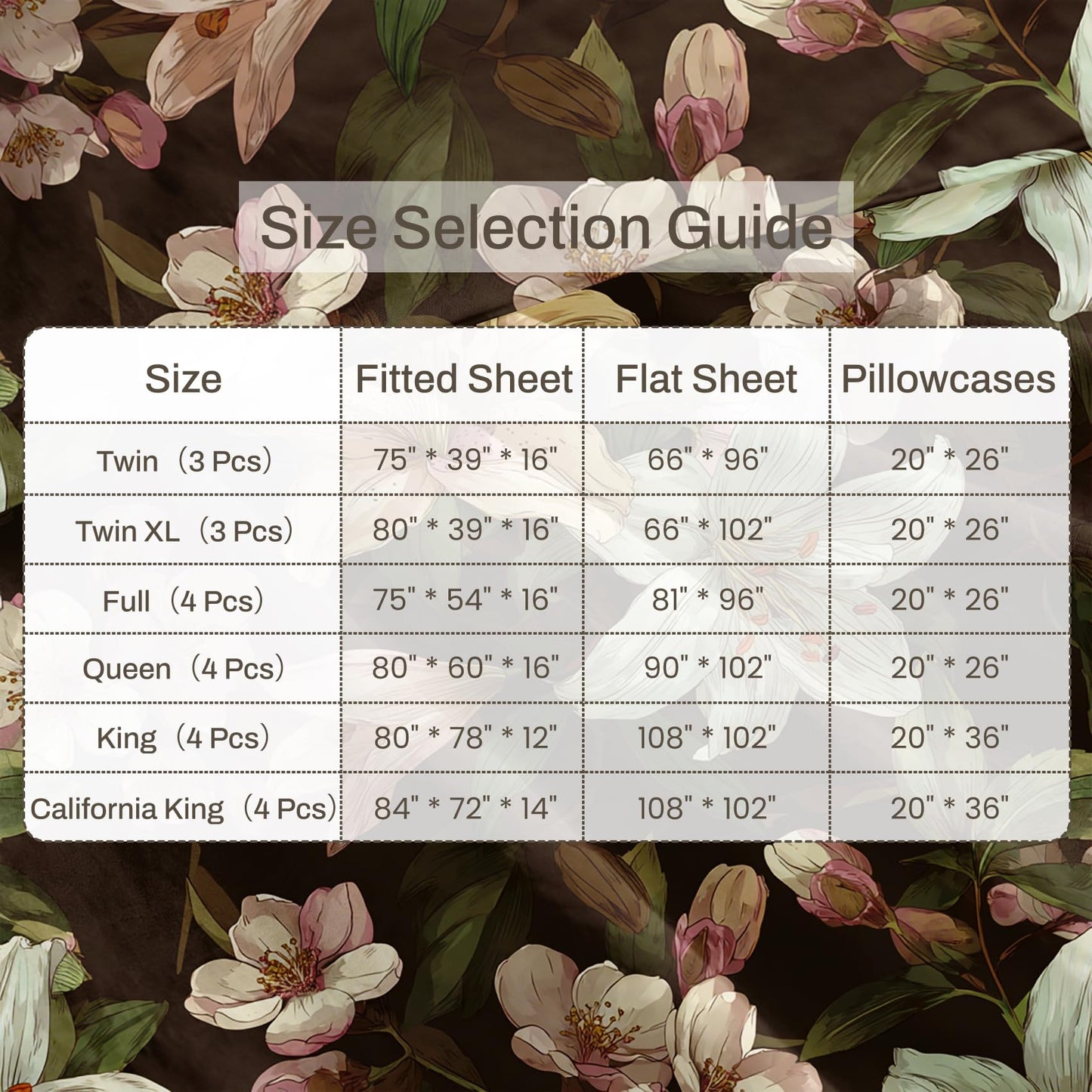Lily Floral Sheet Set, 4 Pcs Queen Size Botanical Bed Sheets