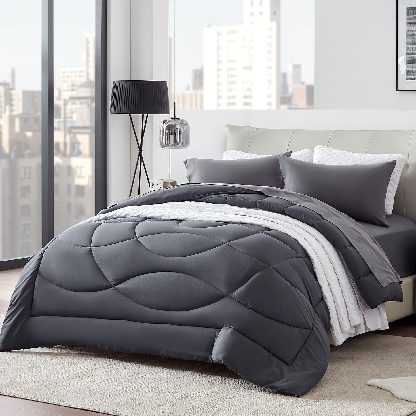 SLEEP ZONE Comforter Duvet Insert, Queen Size Quilted Reversible Comforters, Soft All Season Duvet, Down Alternative Breathable Bedding with 8 tabs, 2 Sides Dark Gray 88 x 88 Inches