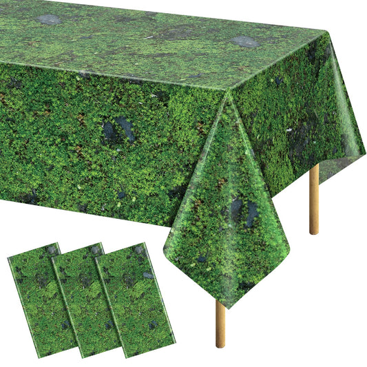 YIDAKO 3Pcs Green Moss Plastic Tablecloths Grass Green Leaf Table Cloth Disposable Rectangle Table Cover for Soccer World Cup Nature Forest Jungle Golf Theme Party Decorations, 54 X 108inch