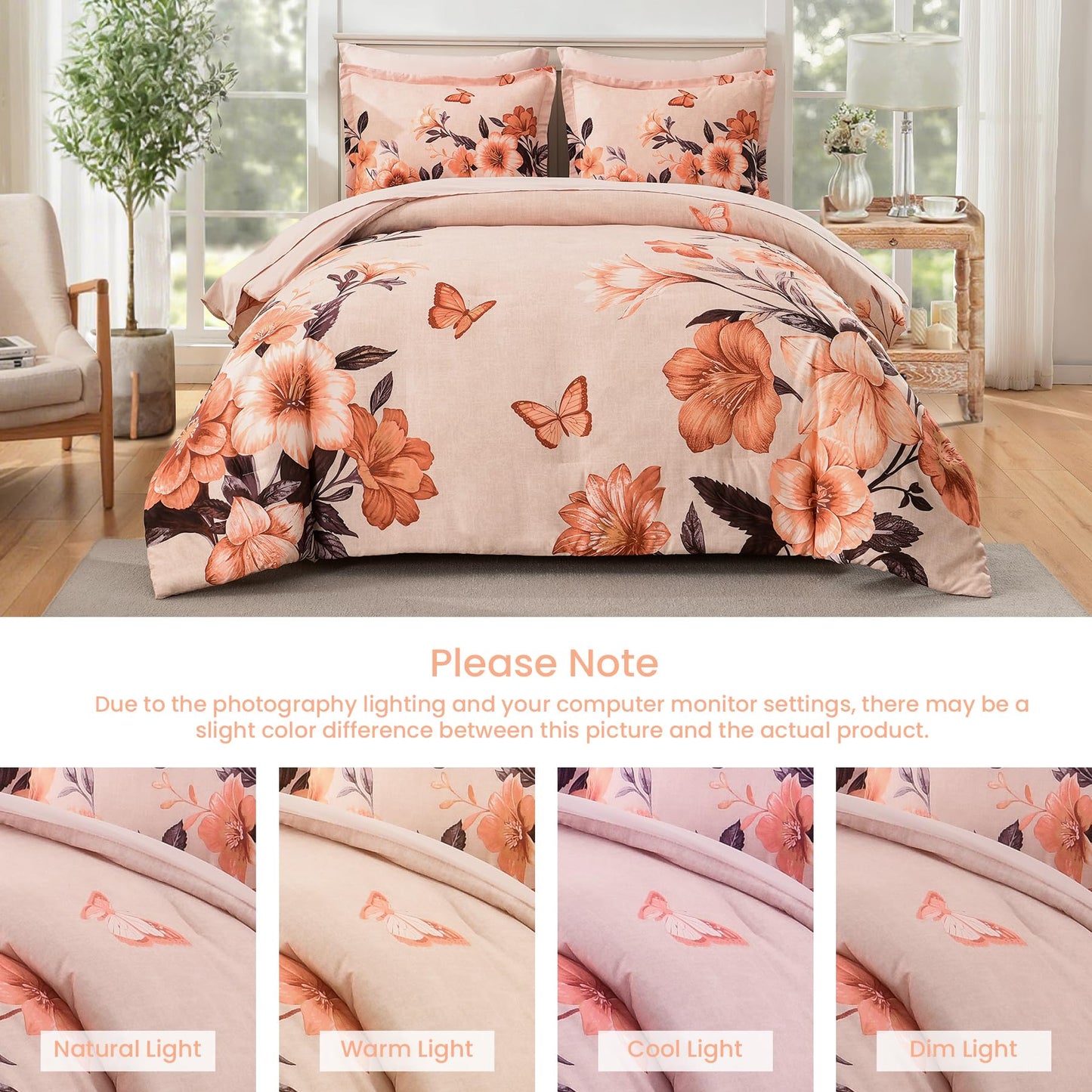 DHSFKBE Floral Comforter Set Queen Size,7 Piece Orange Bed in a Bag, Elegant Flower Pattern Comforter Set with Sheet, Soft Microfiber Complete Bedding Sets for All Season
